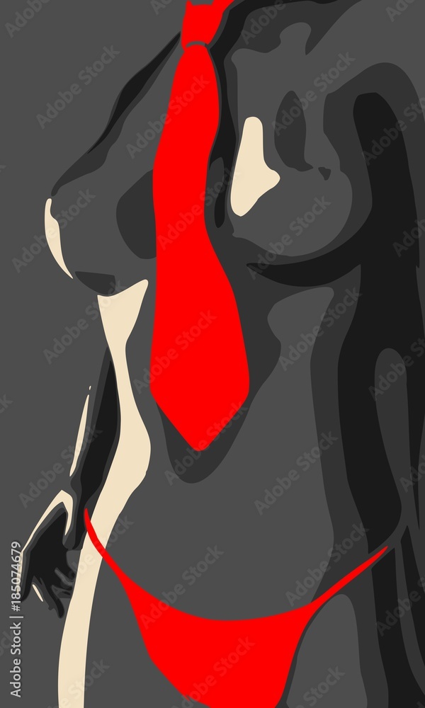 Beautiful sexy fitness girl. Pretty woman wearing red lingerie and tie. Half turn view.