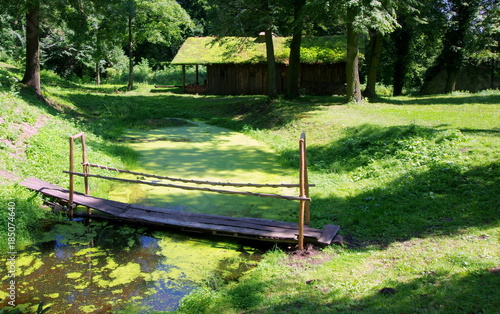 Leśny domek w bajkowym zielonym lesie z kładką przez zielony strumyk photo