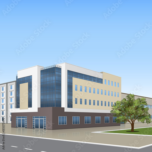 office building with the entrance and a reflection