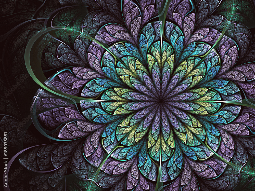 Naklejka premium Dark green and pink fractal flower, digital artwork for creative