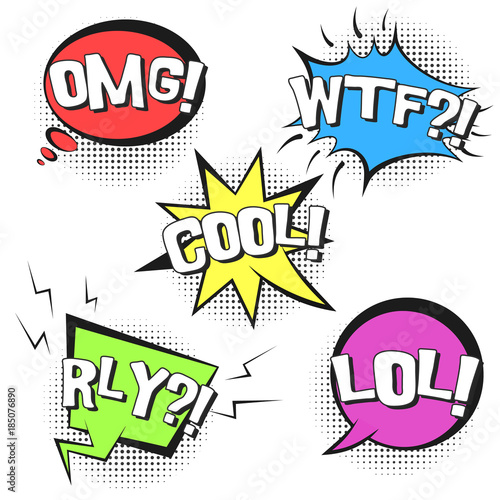 Bright contrast retro comic speech bubbles set with colorful OMG, WTF, LOL, RLY, COOL words. Black outline balloons with halftone shadow in pop art style for advertisement, label, comics book design