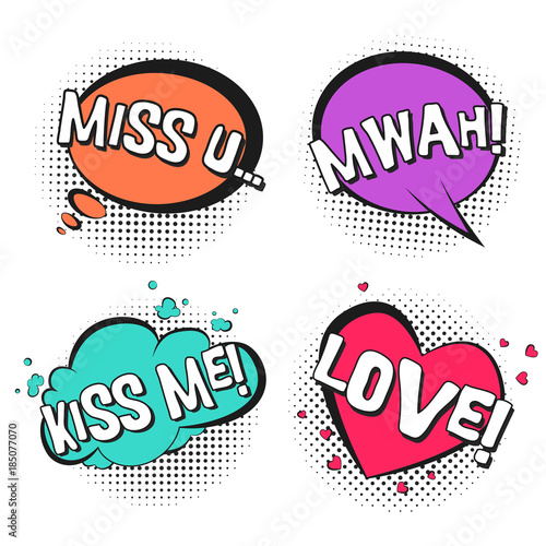 Bright lovely retro comic speech bubbles set with colorful Kiss me, Love, Mwah, Miss u words. Black outline balloons with black halftone in pop art style for St. Valentines cards design, label