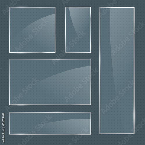 Set of vector realistic glossy rectangular shape glass frames on transparent background. Square glass elements for banner design, advertising, web, app