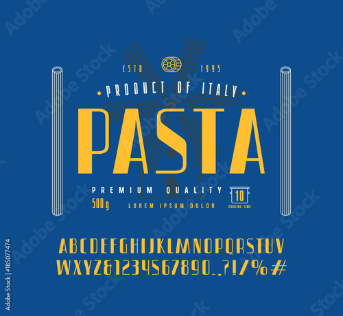 Sans serif font in retro style and pasta label