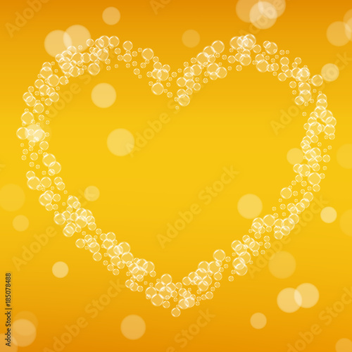 Beer background with realistic bubbles. Cool liquid drink for pub and bar menu design, banners and flyers. Yellow square beer background with white frothy foam. Cold glass of ale for brewery design.