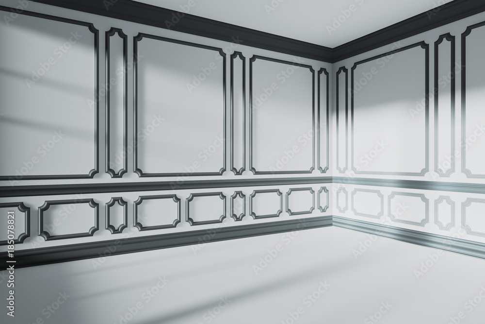 Corner in white empty room with black classic style decor on walls Corner in white empty room with black classic style decor on walls