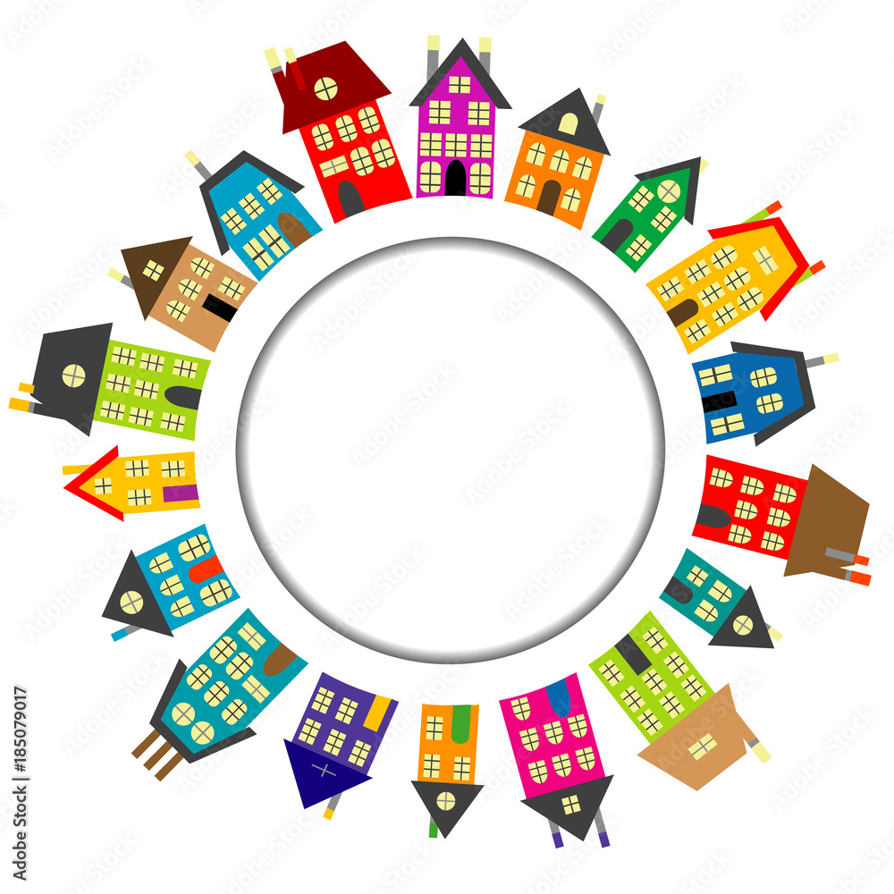 Round frame with cartoon houses