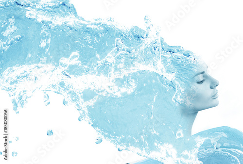 Double exposure of young woman and water splashes.