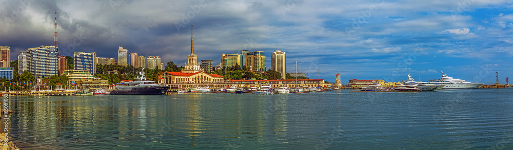 SOCHI, RUSSIA - JUNE 4, 2015: Shimmering reflection of the central part of the city