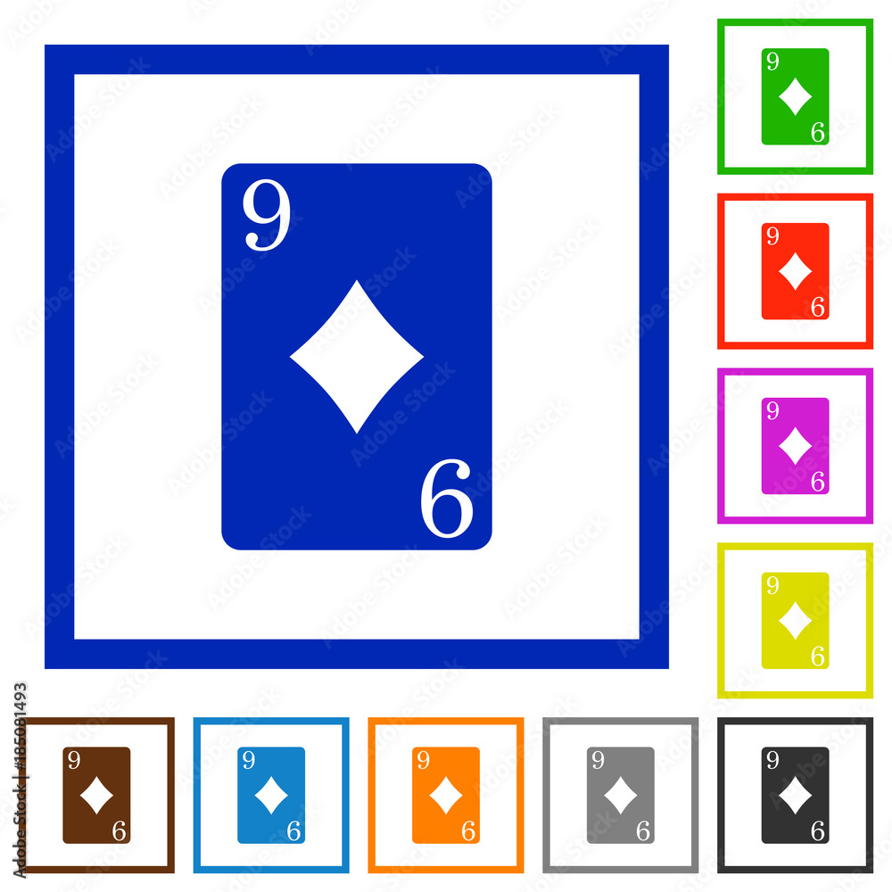 Nine of diamonds card flat framed icons Nine of diamonds card flat framed icons