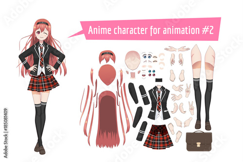 Anime manga schoolgirl in a red tartan skirt, stockings and schoolbag. Cartoon character in the Japanese style