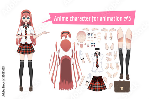 Anime manga schoolgirl in a red tartan skirt, stockings and schoolbag. Cartoon character in the Japanese style