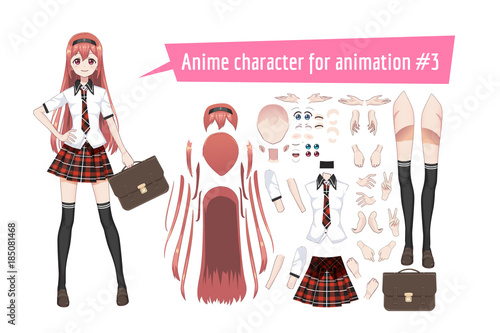 Anime manga schoolgirl in a red tartan skirt, stockings and schoolbag. Cartoon character in the Japanese style