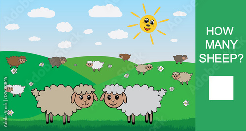 How many sheep, counting game for children. Learning numbers, mathematics. Vector illustration.