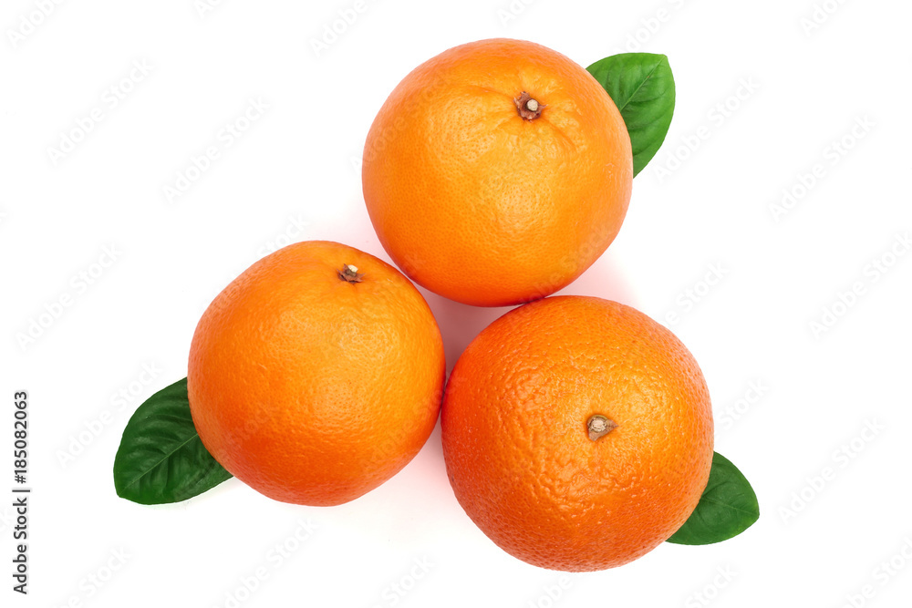 Orange with leaf isolated on the white background. Flat lay pattern. Top view Orange with leaf isolated on the white background. Flat lay pattern. Top view