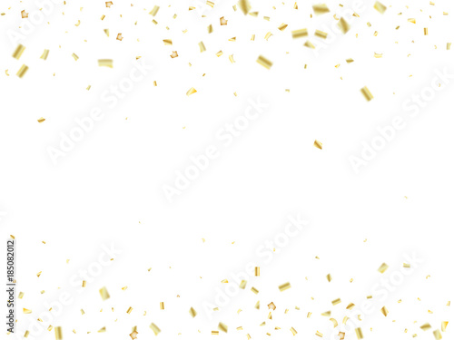 Golden Tinsel Flying Confetti. Christmas  New Year  Birthday Party Background. Holidays Creative Luxury VIP Confetti Decoration. Gold Glitter  Sparkling Rich Border. Elegant Texture  Golden Tinsel.