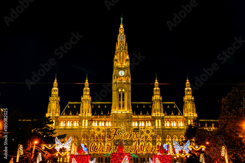 Illuminated Town Hall at christmas with decorations in Vienna, Austria