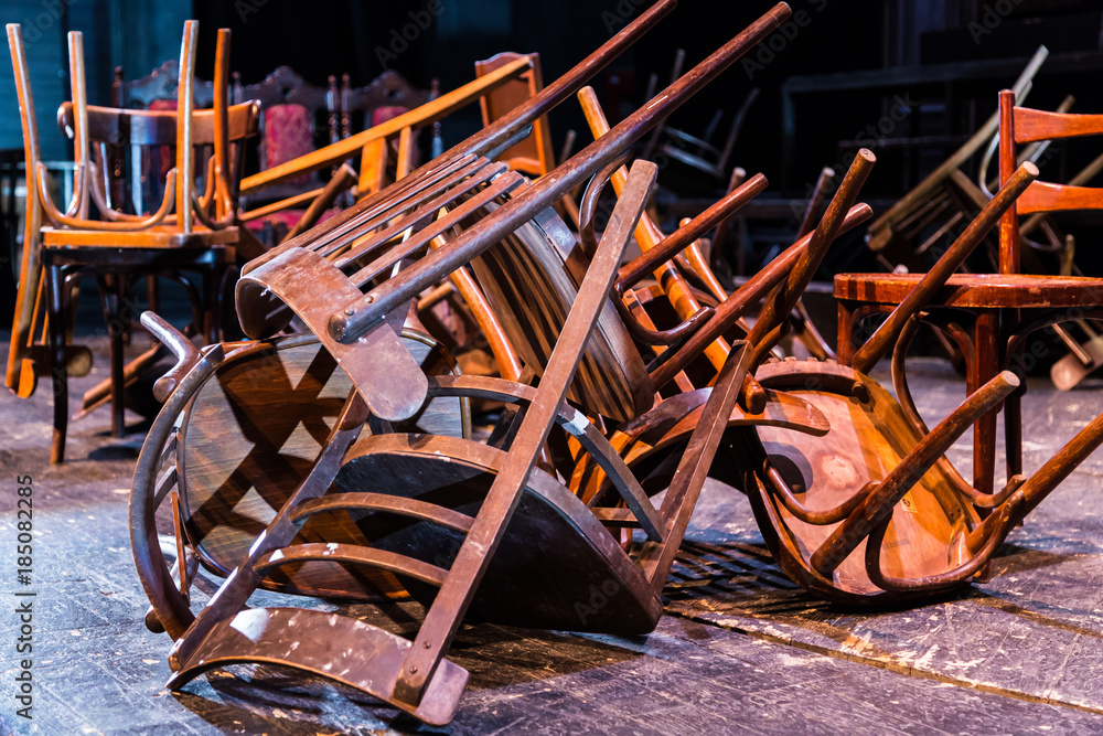 Old broken furniture. A pile of wooden wreckage of the chairs. Antiques.  Stock Photo | Adobe Stock