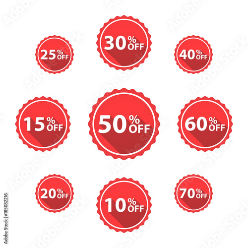 Vector Percentage Off Sale labels, red color, isolated on white.