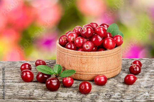Cranberry with leaf in wooden bowl on old wooden table with a blurry garden background