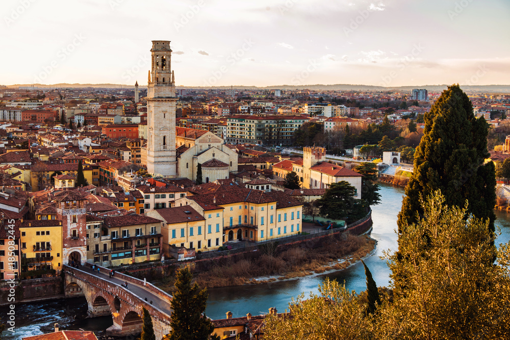 Aerial view of famous touristic city Verona in Italy at sunset