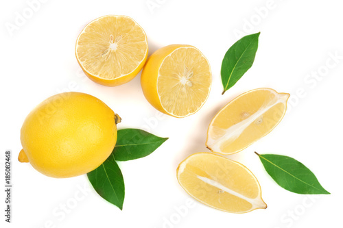 Wallpaper Mural lemon and slices with leaf isolated on white background. Flat lay, top view Torontodigital.ca