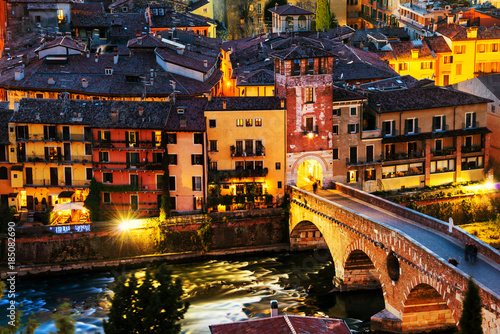 Aerial view of the old town Verona, Italy at night