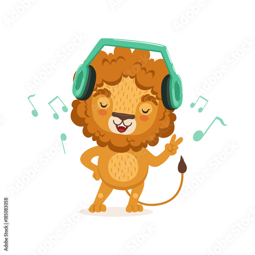 Cute young lion cartoon character standing with paw up and listening to music through headphones. Vector flat illustration isolated on white.