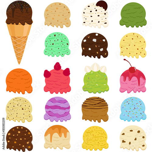 Cute Vector illustration set of ice cream scoop, many colorful flavors with toppings in wafer cone isolated on white background