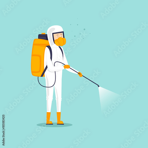 Chemical treatment insects. Man in uniform with face mask spray pesticides. Flat design vector illustration.