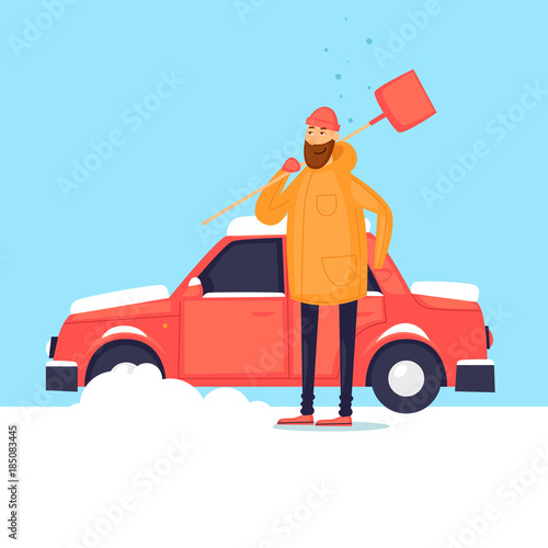 Man cleans from the snow car. Winter. Flat design vector illustration.
