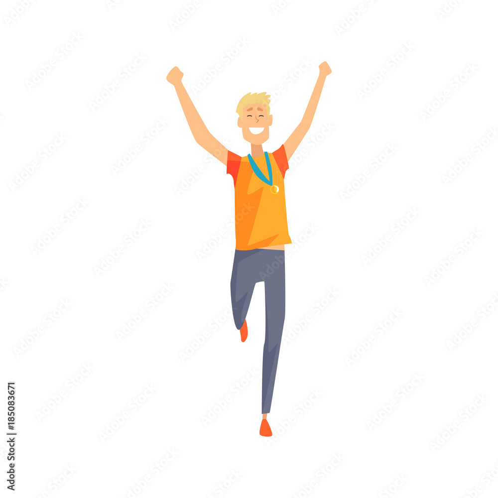 Joyful man character running with hands up. Cartoon male athlete with golden  medal on his chest. Young guy in sportswear. Winner of competition. Flat  vector illustration Stock Vector | Adobe Stock