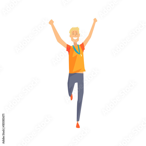 Joyful man character running with hands up. Cartoon male athlete with golden medal on his chest. Young guy in sportswear. Winner of competition. Flat vector illustration