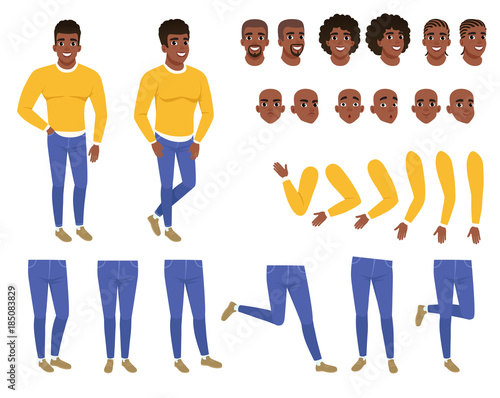 Constructor of young black man. Guy in yellow sweater and blue jeans. Creation set. Body parts, hairstyles and face expressions. Cartoon flat vector character