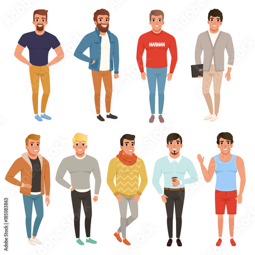 Collection of handsome men in stylish clothing. Casual wear. Male characters posing with smiling face expressions. Colorful flat vector design