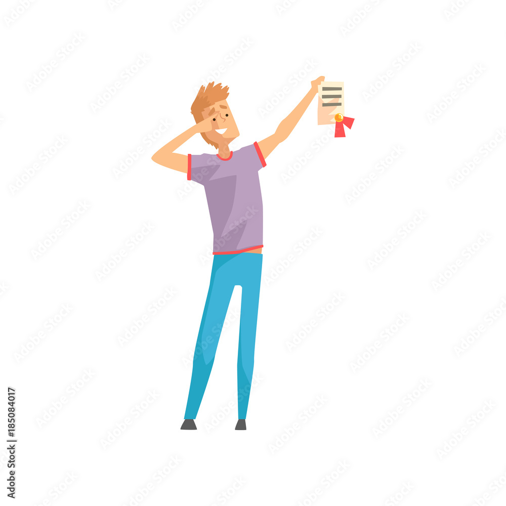 Happy young man holding diploma with red ribbon. Successful or lucky guy. Cartoon male character in casual outfit: t-shirt and jeans. Flat vector illustration