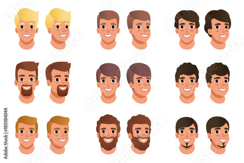 Cartoon set of men avatars with different hair styles, colors and beards: black, blonde, brown. Human head. Male with smiling face expression. Flat vector design