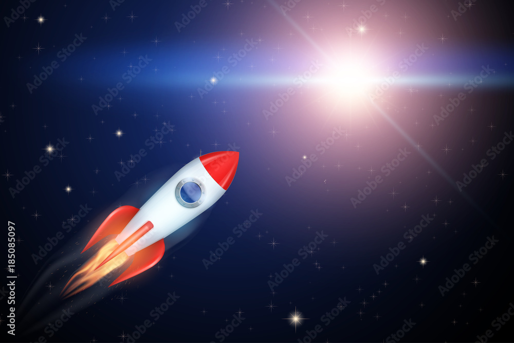 Rocket flies to the star. Space Vector Illustration. Symbol of startup and ICO.