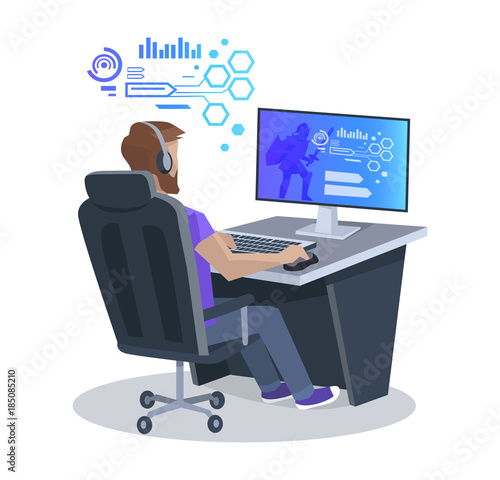 Man Playing Computer Game Vector Illustration