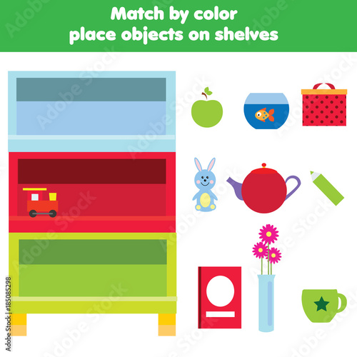 Matching children educational game. Kids activity. Match objects by color
