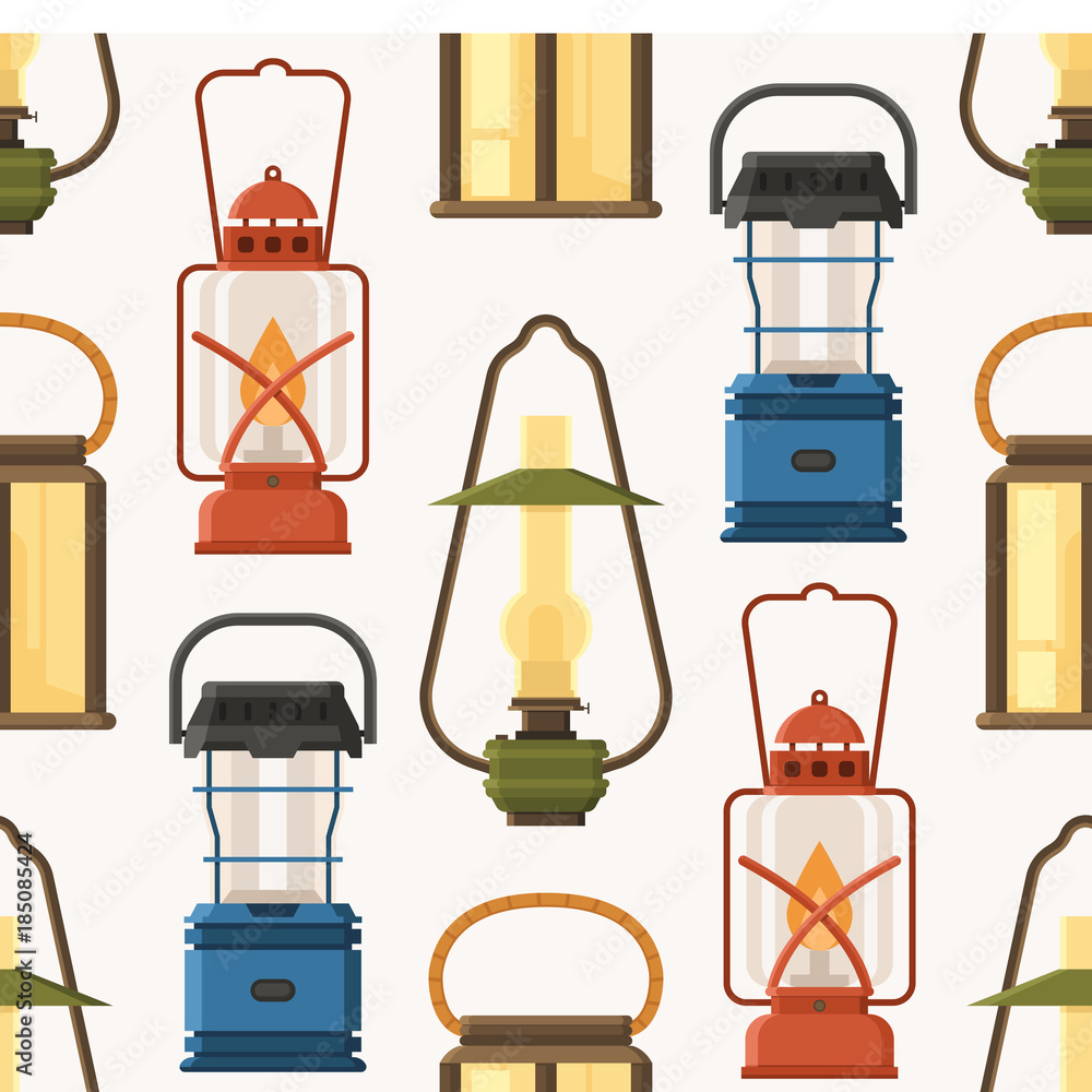 Vintage camping lantern pattern in flat design. Retro oil lamps and gas  lanterns seamless background. Stock Vector | Adobe Stock