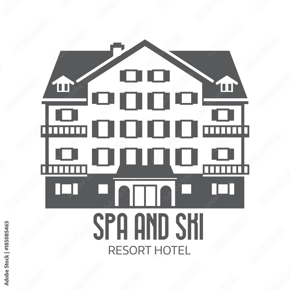 Abstract spa and ski resort logo or label template in black and white. Monochrome winter mountain hotel logotype. Holiday inn icon in outline design.