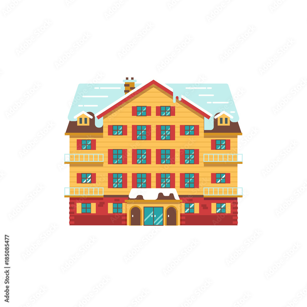 Abstract spa and ski resort icon in flat design. Cartoon winter mountain hotel vector illustration. Snowy holiday inn building isolated on white background.