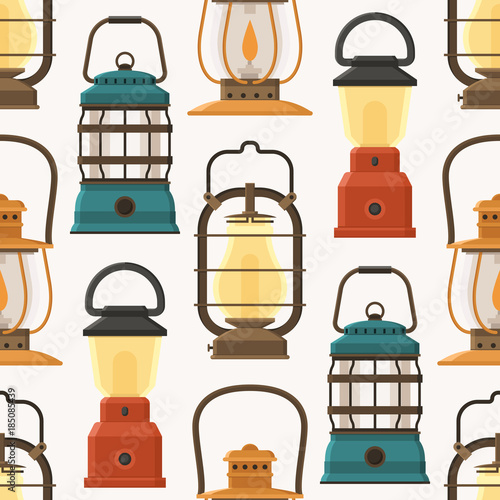 Vintage camping lantern pattern in flat design. Retro oil lamps and gas lanterns seamless background.