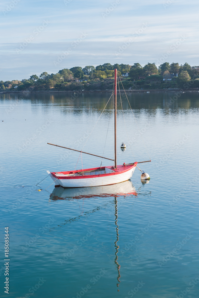 Rowboat, white and red boat and buoys in Brittany, on a glassy sea, with the Morbihan gulf in background 
