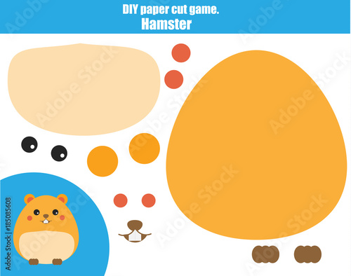 DIY children educational creative game. Make a hamster with scissors and glue. Paprecut activity. Creative printable tutorial for kids. Animals theme