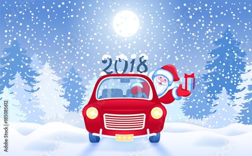 Christmas card with Santa Claus in red car with gift box against winter forest background