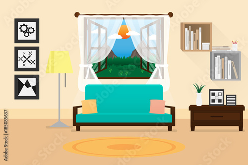 Interior design living room with modern sofa and furniture in room and windows for landscapes outside.vector and illustration