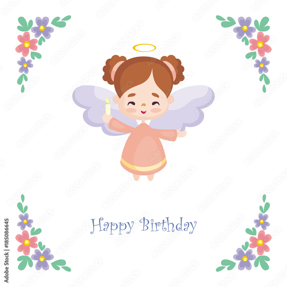 Birthday greeting card with the image of a pretty little angel. Vector illustration on a white background. Birthday greeting card with the image of a pretty little angel. Vector illustration on a white background.