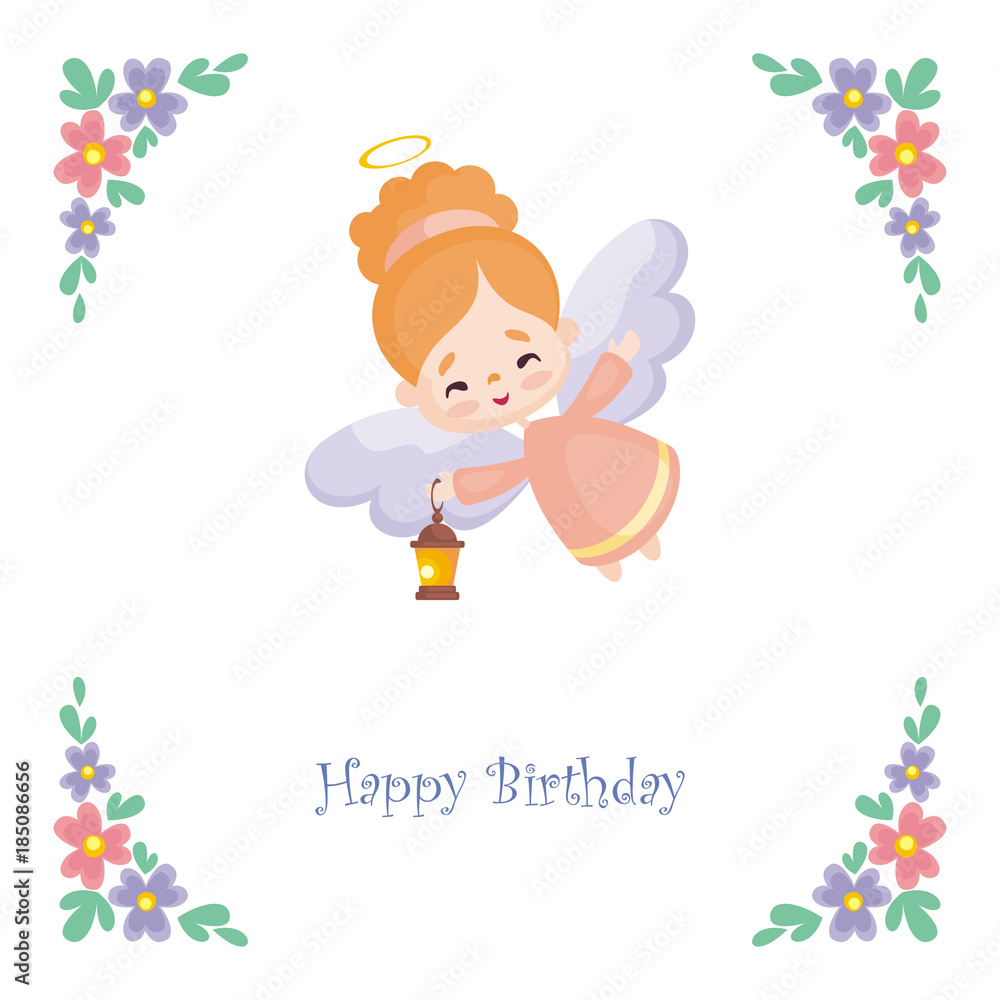 Birthday greeting card with the image of a pretty little angel. Vector illustration on a white background. Birthday greeting card with the image of a pretty little angel. Vector illustration on a white background.